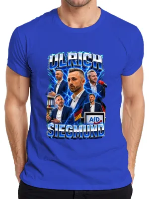 Zdjęcie produktu dla Koszulka męska, kolor niebieski, rozmiar S, z motywem Ulricha Siegmund, partii AfD, hasłem "Deutschland" (Niemcy) i elementami patriotycznymi, zawierająca sarkastyczne elementy