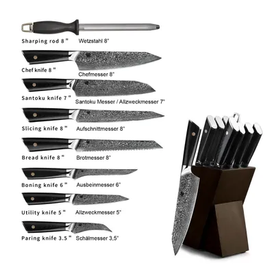 Immagine prodotto di Set di coltelli da cucina da 9 pezzi, realizzati in acciaio damasco. Include un portacoltelli in legno massello. Set di coltelli damasco, coltelli professionali, coltelli da chef, coltelli santoku