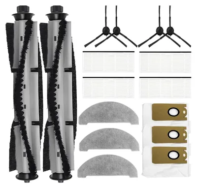 A collection of robot vacuum cleaner replacement parts laid out on a white background.