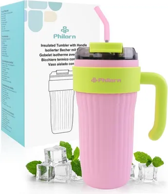 Image de Gobelet isotherme 800ml en acier inoxydable avec poignée et paille - Rose
