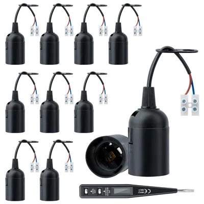 10x E27 Renovierfassung mit Kabel + Spannungstester, schwarz, 60 W