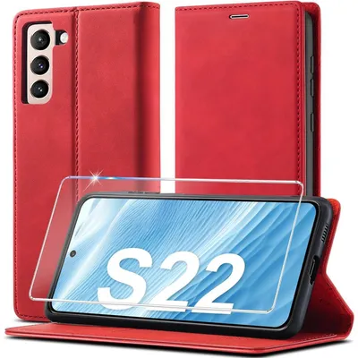 Zdjęcie produktu dla Etui ochronne z skóry, składane, dla telefonu Samsung Galaxy S22 5G, z przegródkami na karty i funkcją podstawki, kolor czerwony
