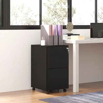 Produktbild von Rollcontainer 2 Schubladen abschließbar, Bürocontainer Stahl auf Rollen, mobiler Aktenschrank, Schwarz | 37 x 43,5 x 67,5 cm | 18 kg
