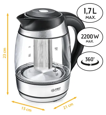 Produktbild von TZS First Austria Edelstahl Glaswasserkocher mit Teefilter 1,8L, 2200W, Temperatureinstellung 40 Grad, Wasserkocher, Farbwechsel, LED Beleuchtung-Farbe je nach Temperaturwahl, schwarz