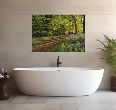 Produktbild von Wallario wasserfestes Poster selbstklebend 70 x 100 cm, Blaues Hasenglöckchen im Sommerwald, Badezimmerposter Spritzschutz mit Hochglanzoberfläche in Glasoptik