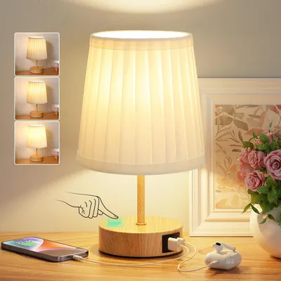 Produktbild von 1 Stück Nachttischlampe Touch Dimmbar mit USB A+C Ladefunktion, Tischlampe mit Leinenschirm LED Birne Schlafzimmer Büro