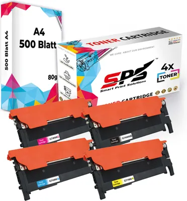 A product shot of four toner cartridges and a box of printer paper.