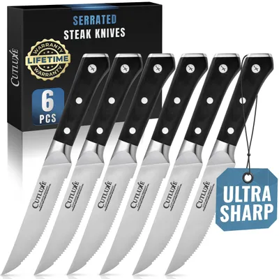 Steakmesser-Set, 6er, gekartelt, deutscher Stahl, Pakkaholzgriff
