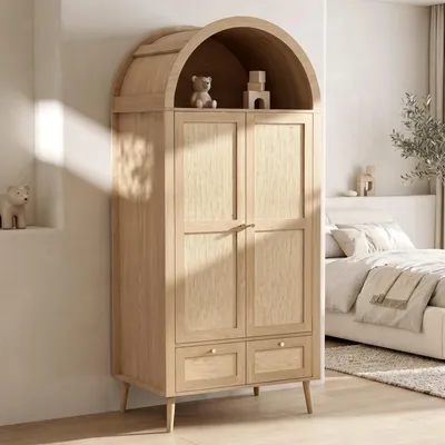 Produktbild von okwish Kleiderschrank mit offener Ablage und 2 Schubladen, Schrank mit Kleiderstange und 2 Türen,Bogenfront, Eiche