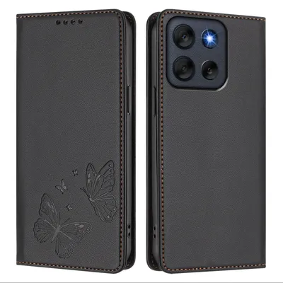 Produktbild von Lederhülle für Motorola Moto G56, Schmetterling Prägung Leder Brieftasche Schutzhülle mit Ständer Schwarz