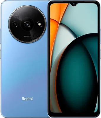 A blue Xiaomi Redmi A3 smartphone is shown from the back and front.