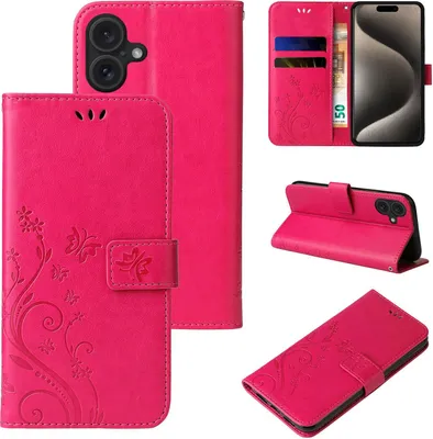 Produktbild von Handyhülle für Apple iPhone 16 Floral Blumen Schmetterling Flip Cover Hülle Case Klapphülle Handytasche Farbe: Pink