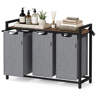 Image de Roxlin Panier à linge avec 3 compartiments - Collecteur de linge avec couvercle & étagère - Trieur de linge en métal - Organisateur de linge sale pour salle de bain, chambre à coucher