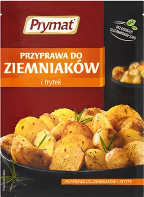 A package of seasoning for potatoes and fries, with an image of seasoned potatoes on the front.