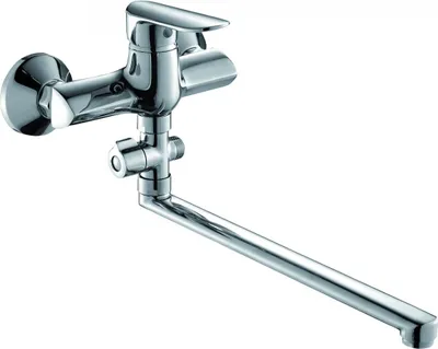 A chrome-plated wall-mounted faucet with a long, adjustable spout.