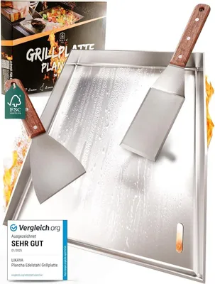 Image de Plaque de gril/plancha en acier inoxydable V2A massif, y compris 2 spatules de gril