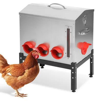 Zdjęcie produktu dla Automatyczny podajnik do karmy dla drobiu ISOISL, pojemność 22,6 kg / 50 funtów, 8 otworów na karmę, ocynkowany podajnik dla kur z okienkiem, uchwytem do przenoszenia i regulowaną wysokością (3 poziomy)