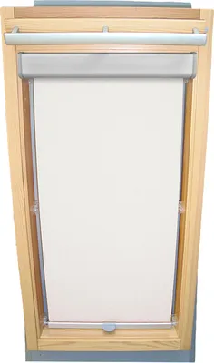 A white roller blind inside a wooden frame, likely a skylight window.