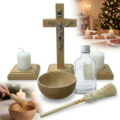 Produktbild von WEIHNACHTS-SET: Kreuz aus Buchenholz, Kerzen + FLASCHE FÜR WEIHWASSER