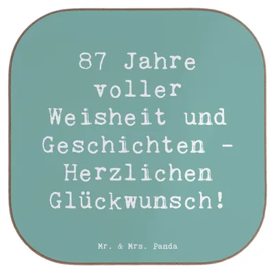 Produktbild von Mr. & Mrs. Panda Untersetzer Tasse Spruch 87. Geburtstag Weisheit - Meeresbrise - Geschenk, Happy Birthday, Anerkennung, wie feiern mit 87, Tischschoner, Glas, Alter