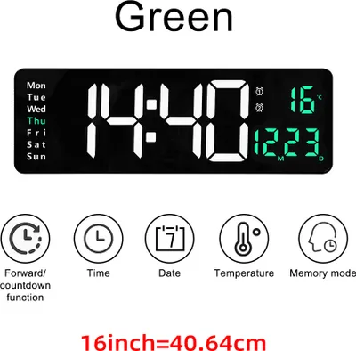 Produktbild von Große digitale LED-Wanduhr, Fernbedienung, Temperatur, Datum, Wochenanzeige, Speichertabelle, an der Wand montiert, zwei elektronische Wecker, 16 ZOLL, grün