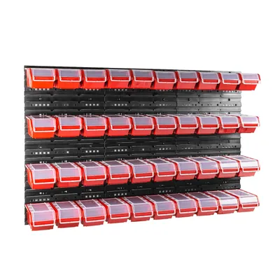 A wall-mounted storage system with multiple red bins with clear lids.
