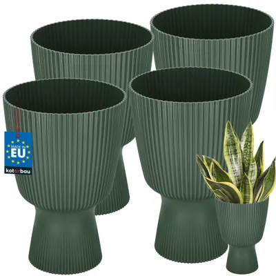 Produktbild von KOTARBAU® 4er Set Blumentopf ⌀ 18cm Orchideentopf Übertopf für Zimmerpflanzen Pflanzentopf mit Sockel Geriffelt Kelchform Kunststoff Pflanzkübel Grün