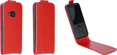 Three views of a red flip case for a mobile phone, with one view showing the phone inside.