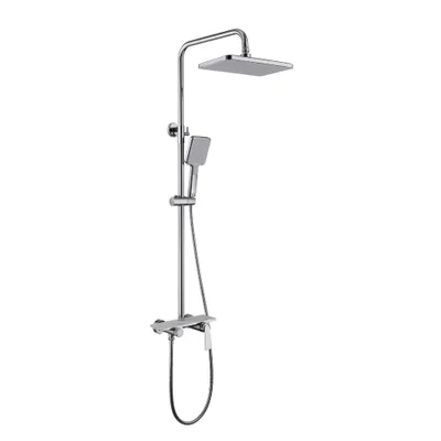 A modern shower fixture with a rain showerhead and a handheld showerhead, mounted on a vertical pole.