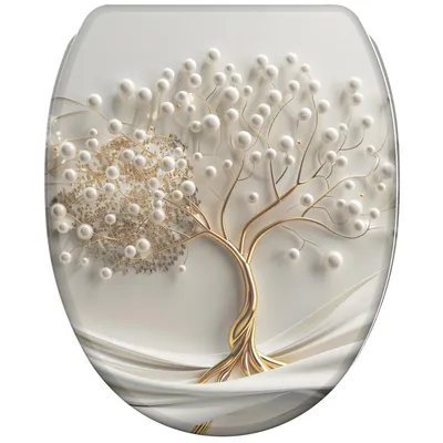 A toilet seat lid with a decorative design of a golden tree with white pearl-like embellishments.