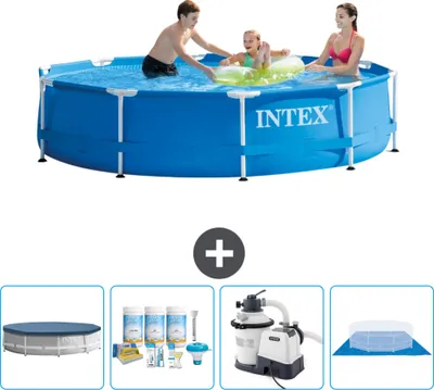 Produktbild von Intex-Schwimmbecken mit rundem Rahmen – 305 x 76 cm – Blau – im Lieferumfang enthalten Abdeckung - Wartungspaket - Filterpumpe für Schwimmbad - Bodenplane