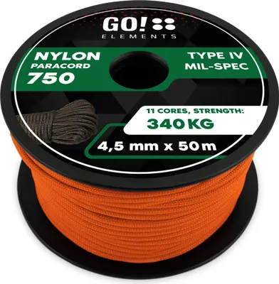 Produktbild von GO!elements 50m Paracord Seil aus reißfester Nylonschnur - 4,5mm Paracord 750 Typ IV Schnur - geeignet als Allzweckseil & Reepschnur - Max. 340kg, Farbe: Orange