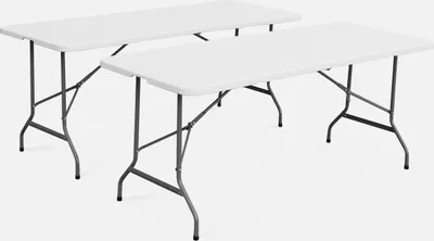 Two white folding tables are shown side-by-side against a white background.