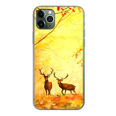 Produktbild von MuchoWow® Handyhülle Schutzhülle Hülle für iPhone 11 Pro Max Natur - Ölfarbe - Hirsche - Tiere - Herbst - Orange Silikon Softcase Handy Hülle - Schutz