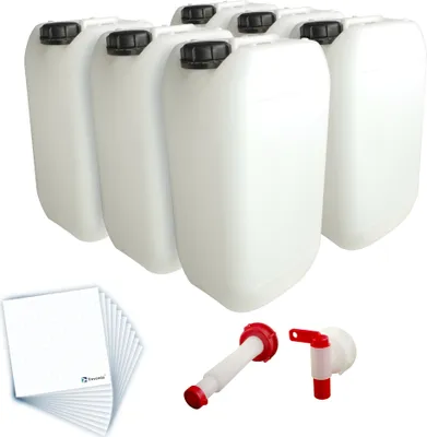 Produktbild von Trevendo 6er Pack 15 Liter Leerkanister inkl. Auslaufhahn, Ausgießer Flex und 10 Etiketten