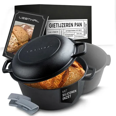 Gusseiserne Brotbackform mit Deckel, 4,6 l, rund, schwarz