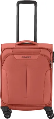 A coral-colored Travelite trolley suitcase is shown against a white background.