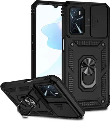Image de Etui pour OPPO A16/A16S/A54S/A54 4G/A55 étui double couche avec couvercle coulissant pour l'appareil photo et anneau de support noir