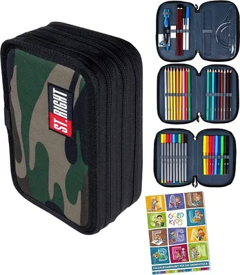 Produktbild von Goldkids St. Right XXL Federtasche Federmappe Federmäppchen 46-teilig gefüllte Schüleretui 3-stöckig 19 x 13 x 7 cm inkl. Hausaufgabenheft Moro Military