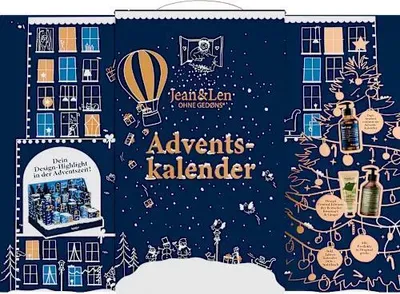 A dark blue advent calendar with gold and white illustrations of houses, a hot air balloon, a Christmas tree, and product bottles.