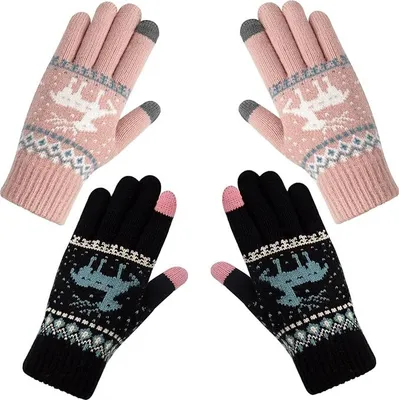 Produktbild von Fashion Handschuhe Damen Winter Warme Touchscreen Winterhandschuhe Druck halten warm mit Kaschmir für Frauen und Männer MEHRWEG, Frauen, Männer , rosa+schwarz, Elch, Einheitsgröße
