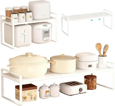 Produktbild von PolkaHome® Ausziehbare Einlegeplatte für Küchenschrank (35-65 cm) – verstellbarer Kräutereinsatz aus Metall, weiß, 2 Ebenen, ohne Bohren