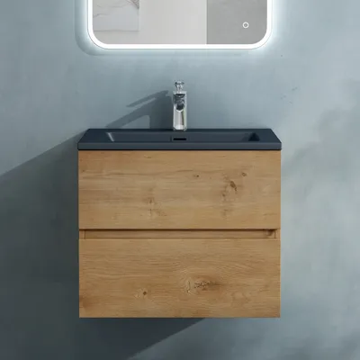 Produktbild von doporro Badmöbel-Set Waschbecken-Unterschrank Badezimmer Waschtisch mit Unterschrank BTH: 60x48x50 cm in Kerneiche inkl. matt Anthrazit Mineralguss-Waschbecken Aqualis