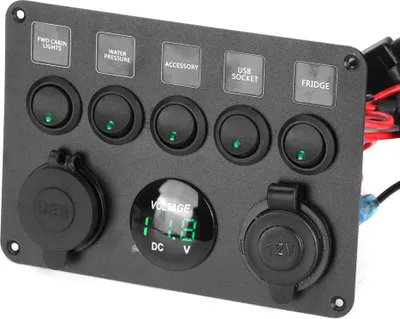 Produktbild von 5-Gang-LED-Kippschalterfeld mit digitalem Voltmeter, universell für Wohnmobil, Auto, Motorboot, Grün