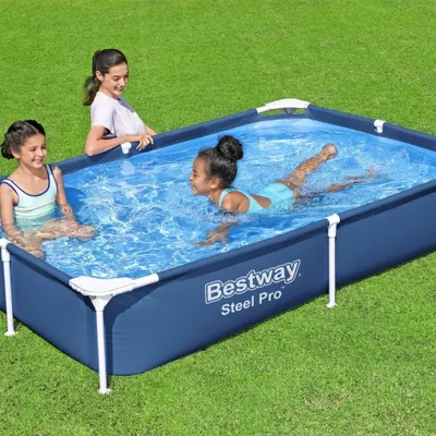 Obrázok produktu pre Obdĺžnikový bazén Bestway Steel Pro - 221 x 150 x 43 cm - modrý - vrátane krytu - balík na údržbu - čerpadlo - krycia plachta