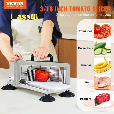 Image de Coupe-tomates commercial, coupe-tomates 3/16 pouces, coupe-tomates robuste en acier inoxydable, coupe-tomates manuel avec pieds antidérapants, pour couper les tomates, les concombres, les bananes