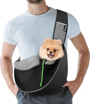Image de Papoose pour chien à cordon de serrage libre avec sangle réglable Sac en maille respirante pour chiots et chats - Sac à bandoulière pour chiens avec poche pour les voyages en plein air Noir Grand
