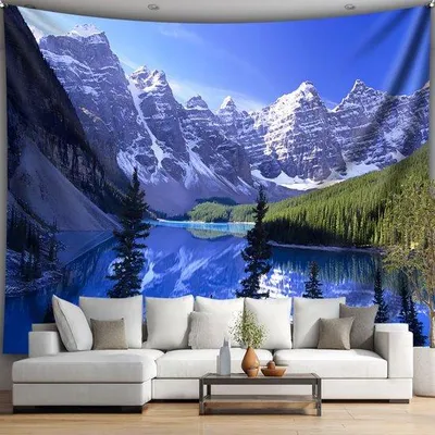 Zdjęcie produktu dla Unyqoos® Gobelin ścienny z motywem gór i jezior – poliester, turkusowo-niebieski, 300 x 180 cm, dekoracja do salonu, sypialni i biura