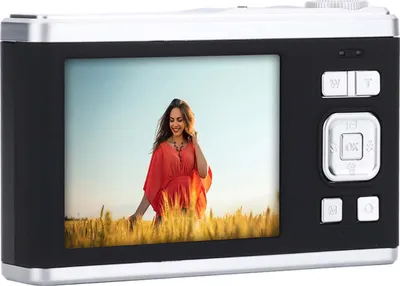 A woman is posing in a field of wheat, with a digital camera displaying her image.