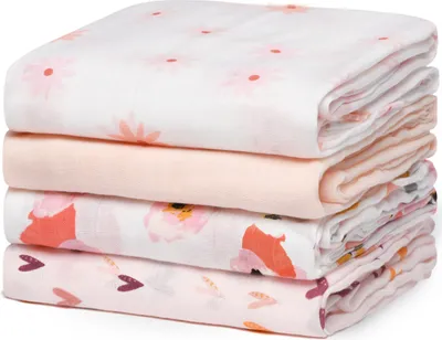 Produktbild von Momcozy Musselin Swaddle Blanket, 4er Pack, mit aufgedruckten Mustern